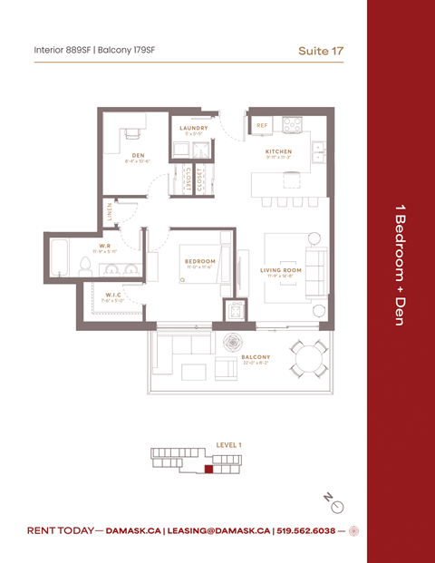 Floor plan for 1 bed, 1 bath, 875 sqft
